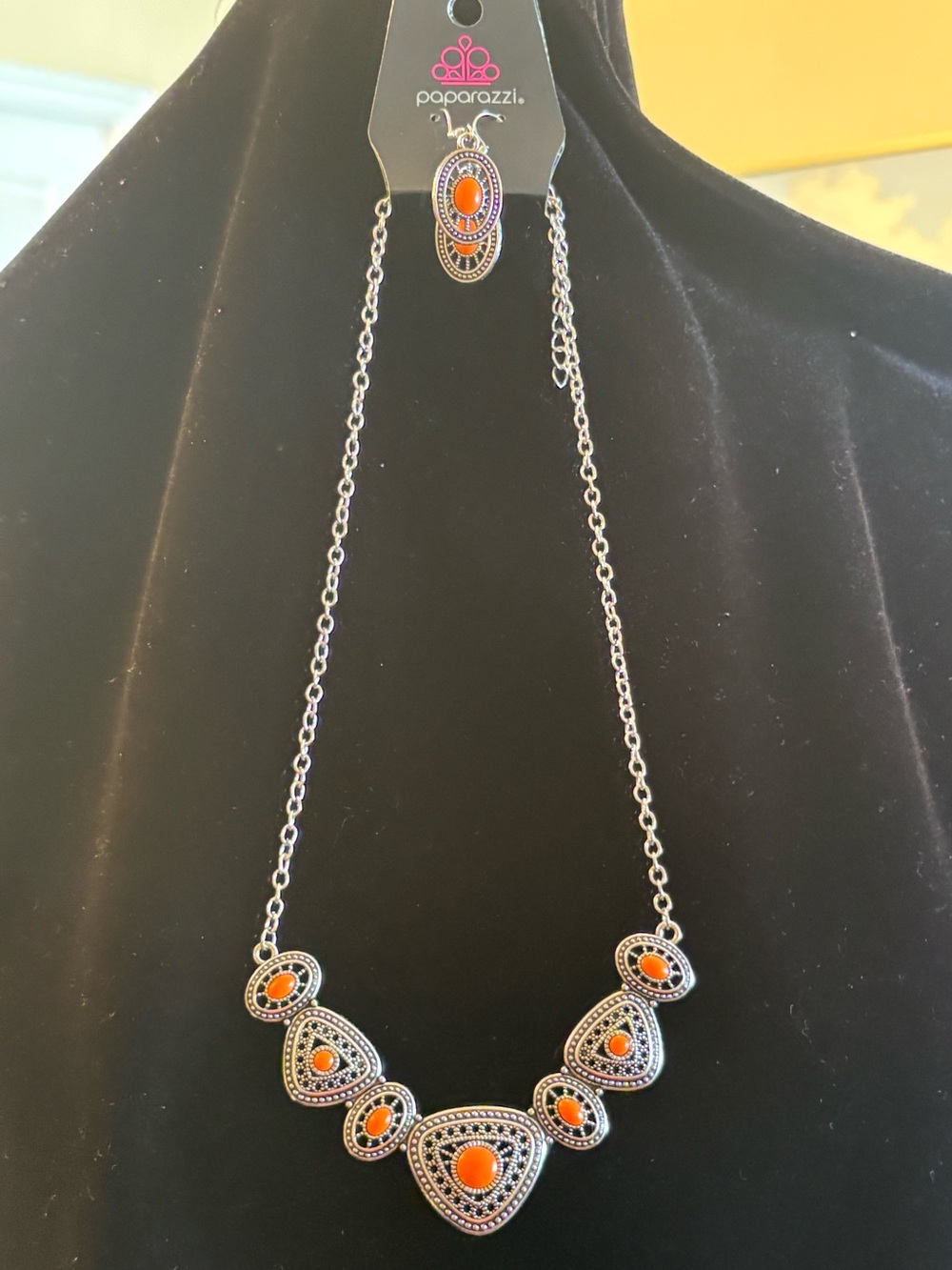 paparazzi Orange Cabochon Silver-Tone Statement Bib Necklace